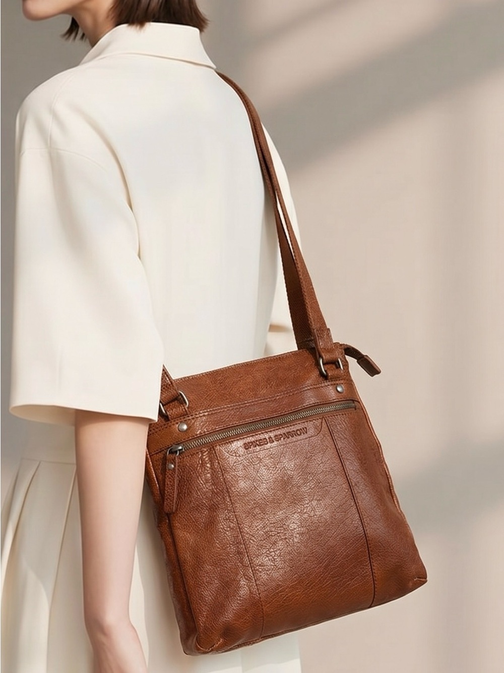 Textured Brown Genuine Leather Shoulder Bag or Backpack Front Zip